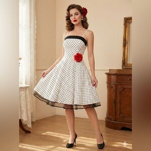Vintage Polka Dot Strapless Skirt with Red Flower Accent
